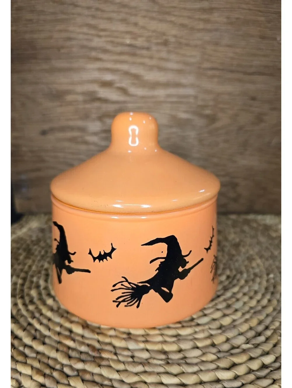 Vintage Indiana Glass Halloween Witch Bat Lidded Jar Candy Dish